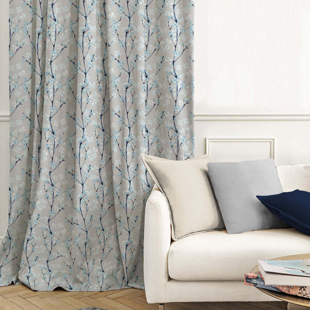 Cherry Charm Floral Sky Blue Heavy Satin Blackout Curtains Set Of 2 - (DS263C)