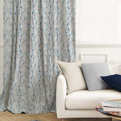 Cherry Charm Floral Sky Blue Heavy Satin Blackout Curtains Set Of 2 - (DS263C)