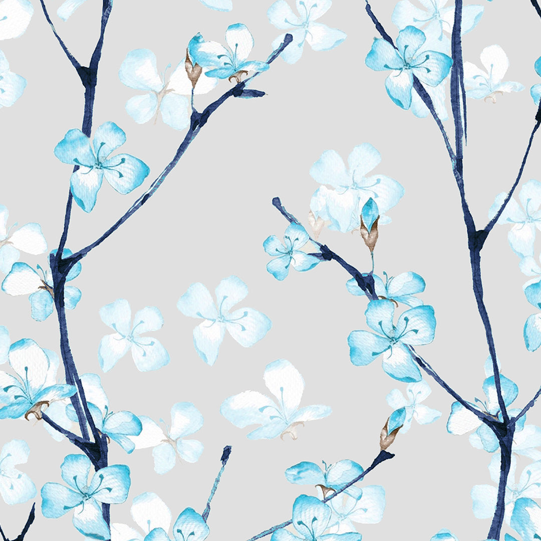 Cherry Charm Floral Sky Blue Heavy Satin Blackout Curtains Set Of 2 - (DS263C)