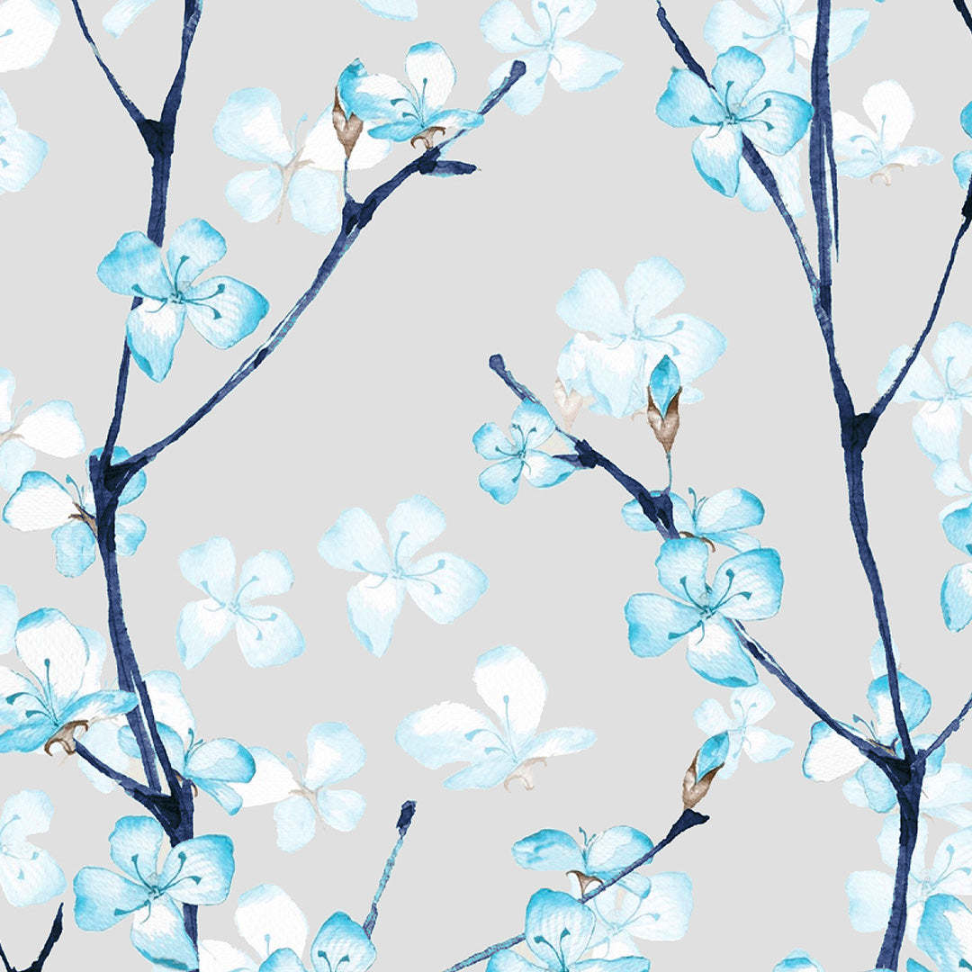 Cherry Charm Floral Sky Blue Heavy Satin Blackout Curtains Set Of 2 - (DS263C)