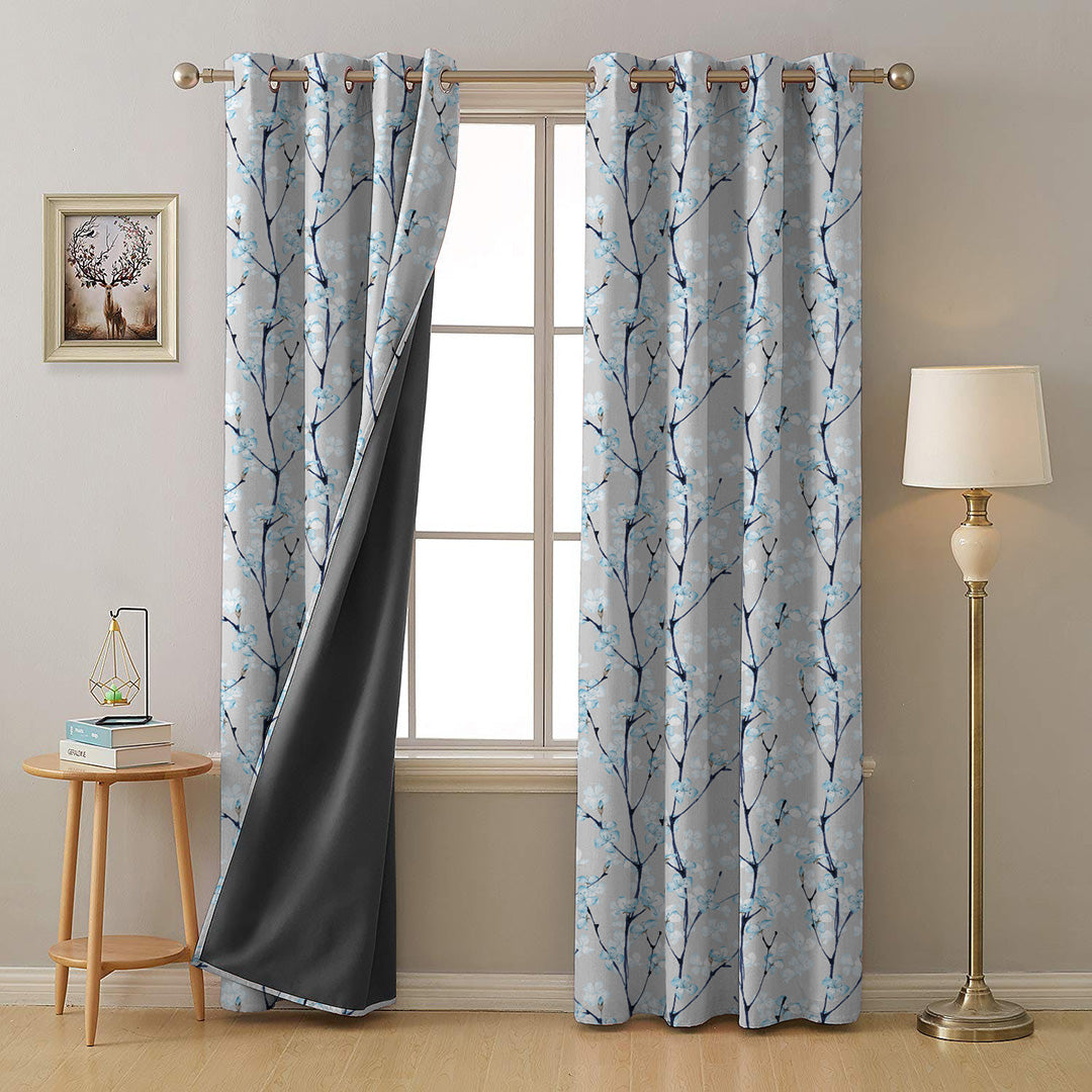 Cherry Charm Floral Sky Blue Heavy Satin Blackout Curtains Set Of 2 - (DS263C)
