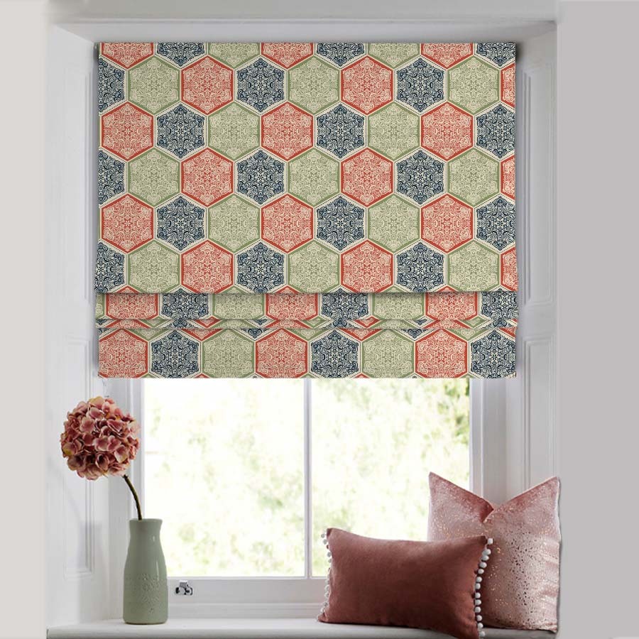 HexaGlam Geometric Red Satin Roman Blind (DS266D)