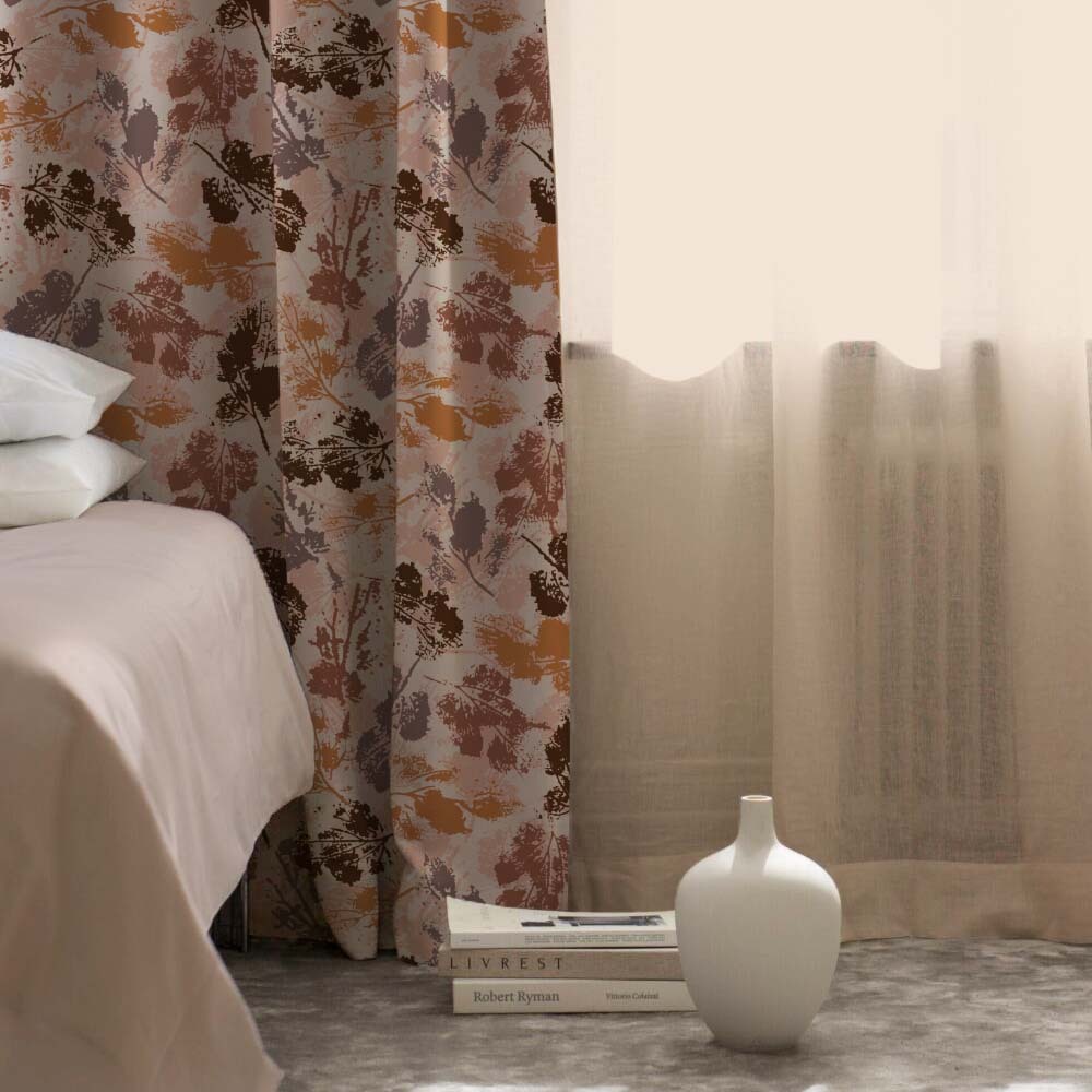 Chromatic Foliage Floral Burnt Brown Heavy Satin Blackout curtains Set Of 2 - (DS271C)