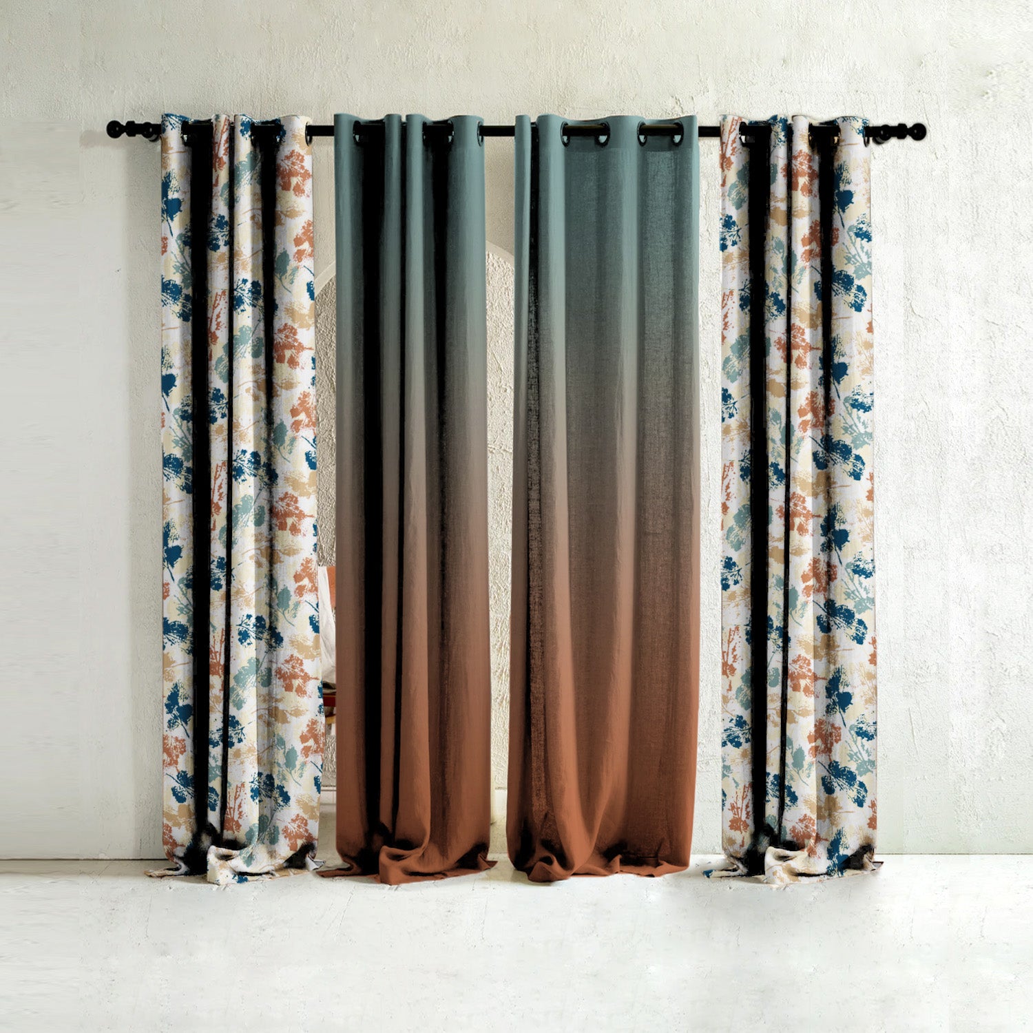 Chromatic Meadows Floral & Ombre Print Combination Room Darkening Curtains Set Of 4 Door Curtain - (271DOMBRE27)