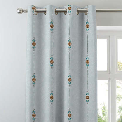 Ethnic Essence Floral Sky Blue Heavy Satin Blackout curtains Set Of 2 - (DS274D)
