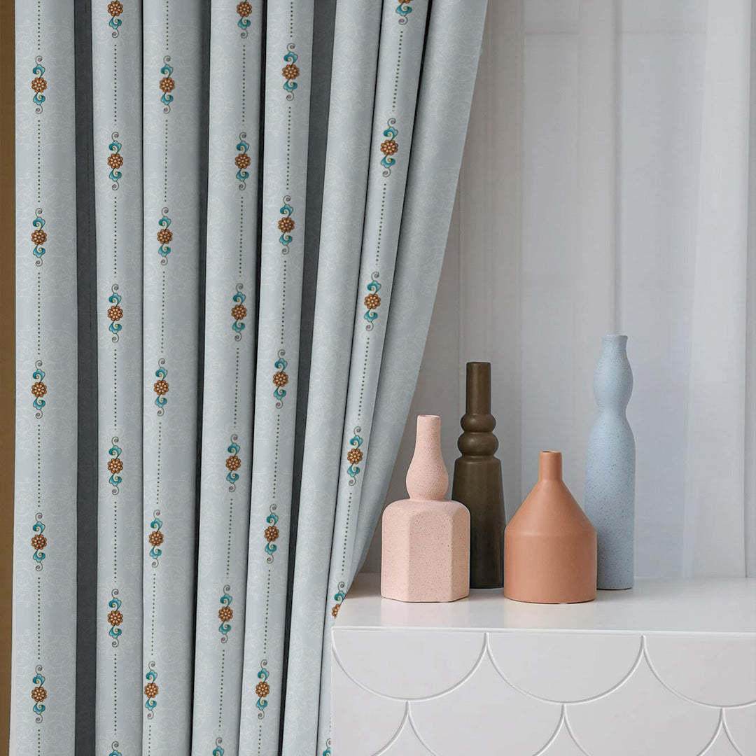 Ethnic Essence Floral Sky Blue Heavy Satin Blackout curtains Set Of 2 - (DS274D)