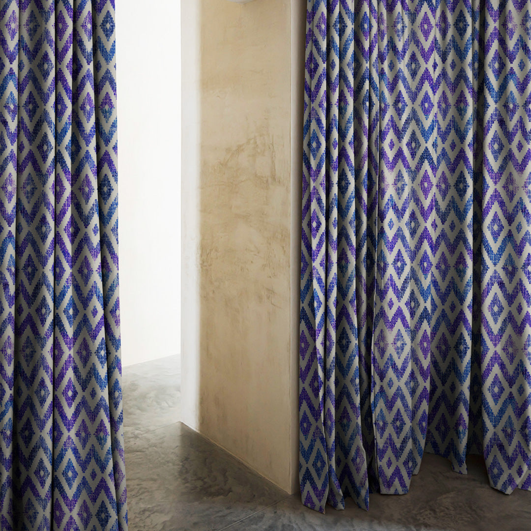 Chromatic Ikat Geometric Classic Blue Heavy Satin Blackout curtains Set Of 2 - (DS276B)