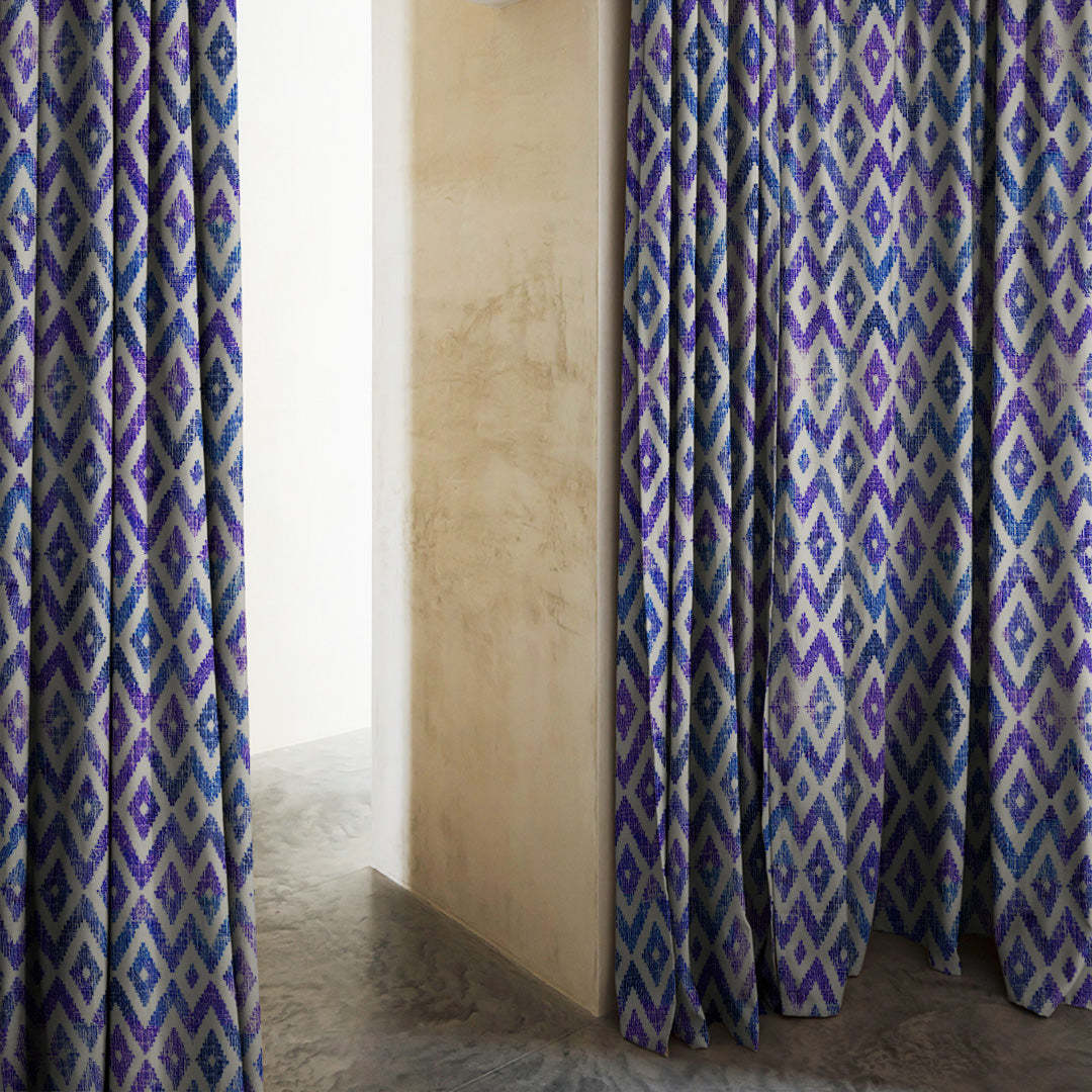 Chromatic Ikat Geometric Classic Blue Heavy Satin Blackout curtains Set Of 2 - (DS276B)