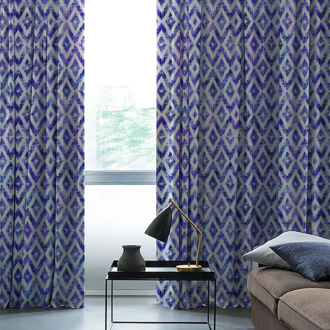 Chromatic Ikat Geometric Classic Blue Heavy Satin Blackout curtains Set Of 2 - (DS276B)