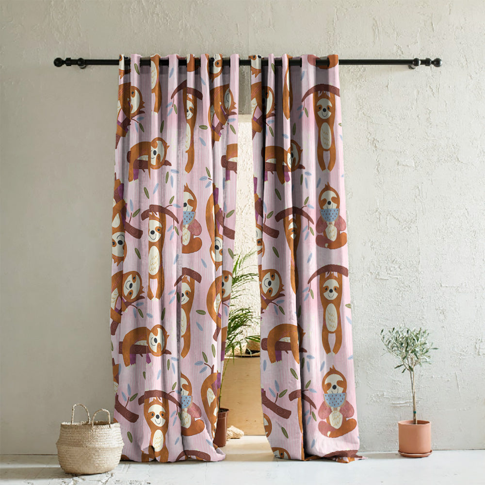 Sleepy Sloth Kids Baby Pink Heavy Satin Room Darkening Curtains Set Of 2 - (DS321B)