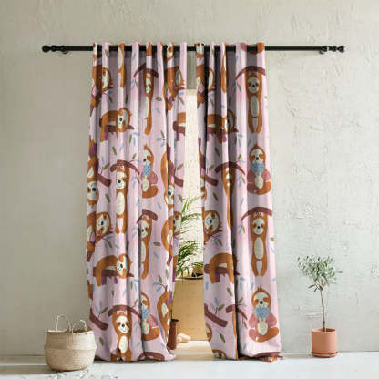 Sleepy Sloth Kids Baby Pink Heavy Satin Room Darkening Curtains Set Of 2 - (DS321B)