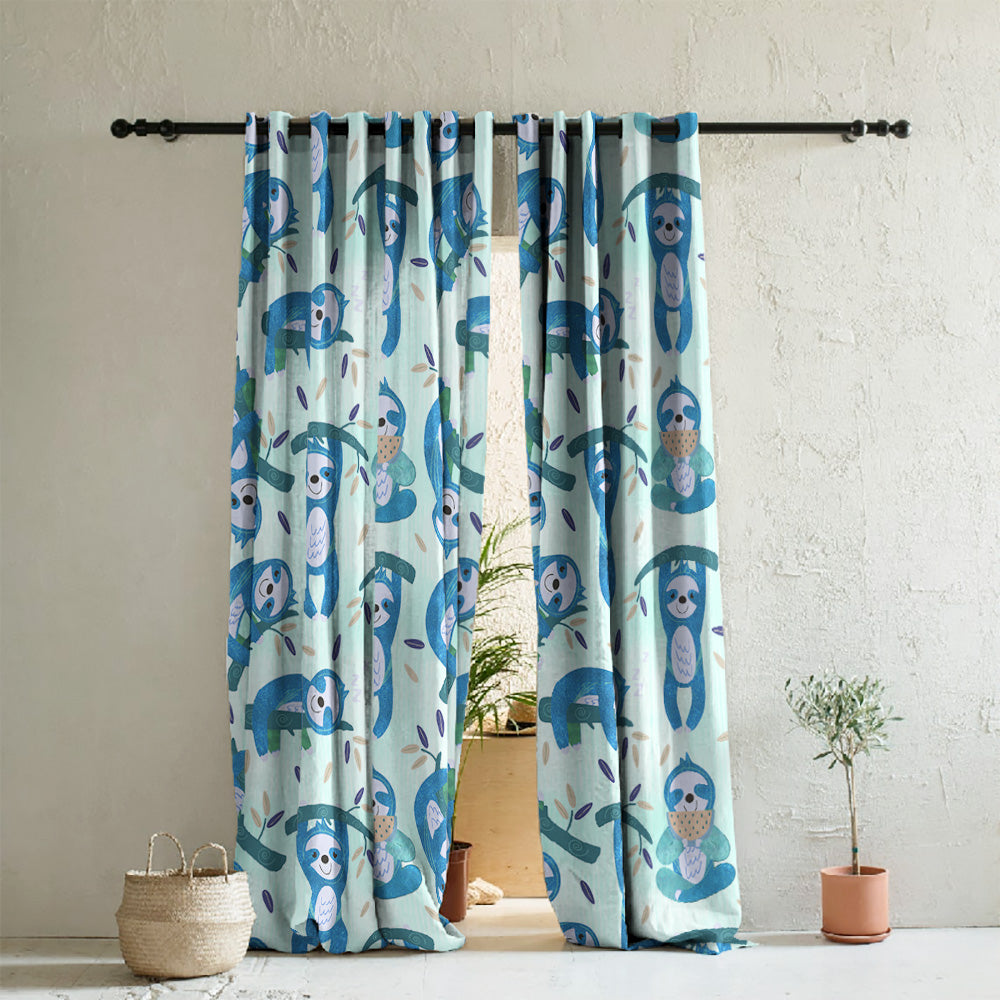 Sleepy Sloth Kids Mint Blue Heavy Satin Room Darkening Curtains Set Of 2 - (DS321C)