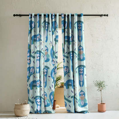 Sleepy Sloth Kids Mint Blue Heavy Satin Room Darkening Curtains Set Of 2 - (DS321C)
