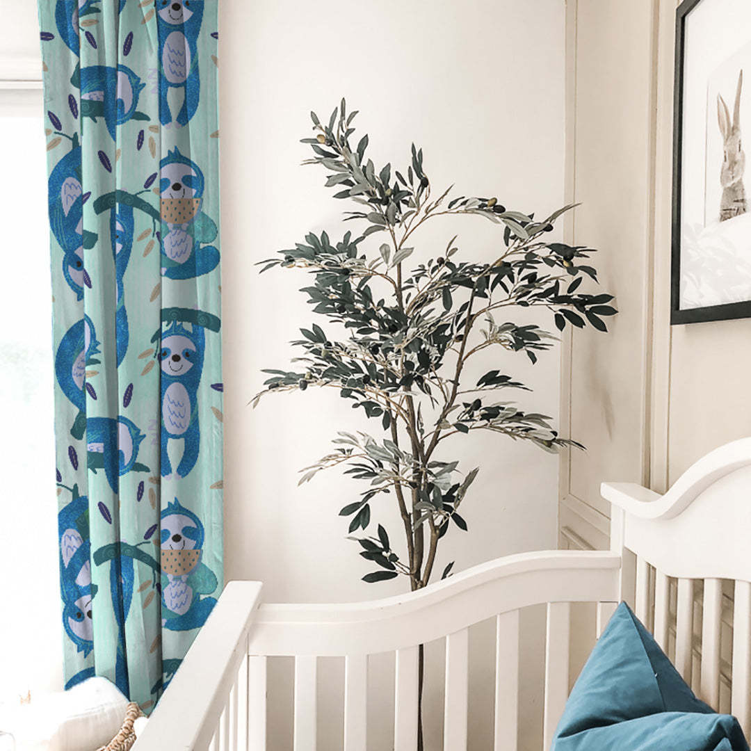 Sleepy Sloth Kids Mint Blue Heavy Satin Room Darkening Curtains Set Of 2 - (DS321C)
