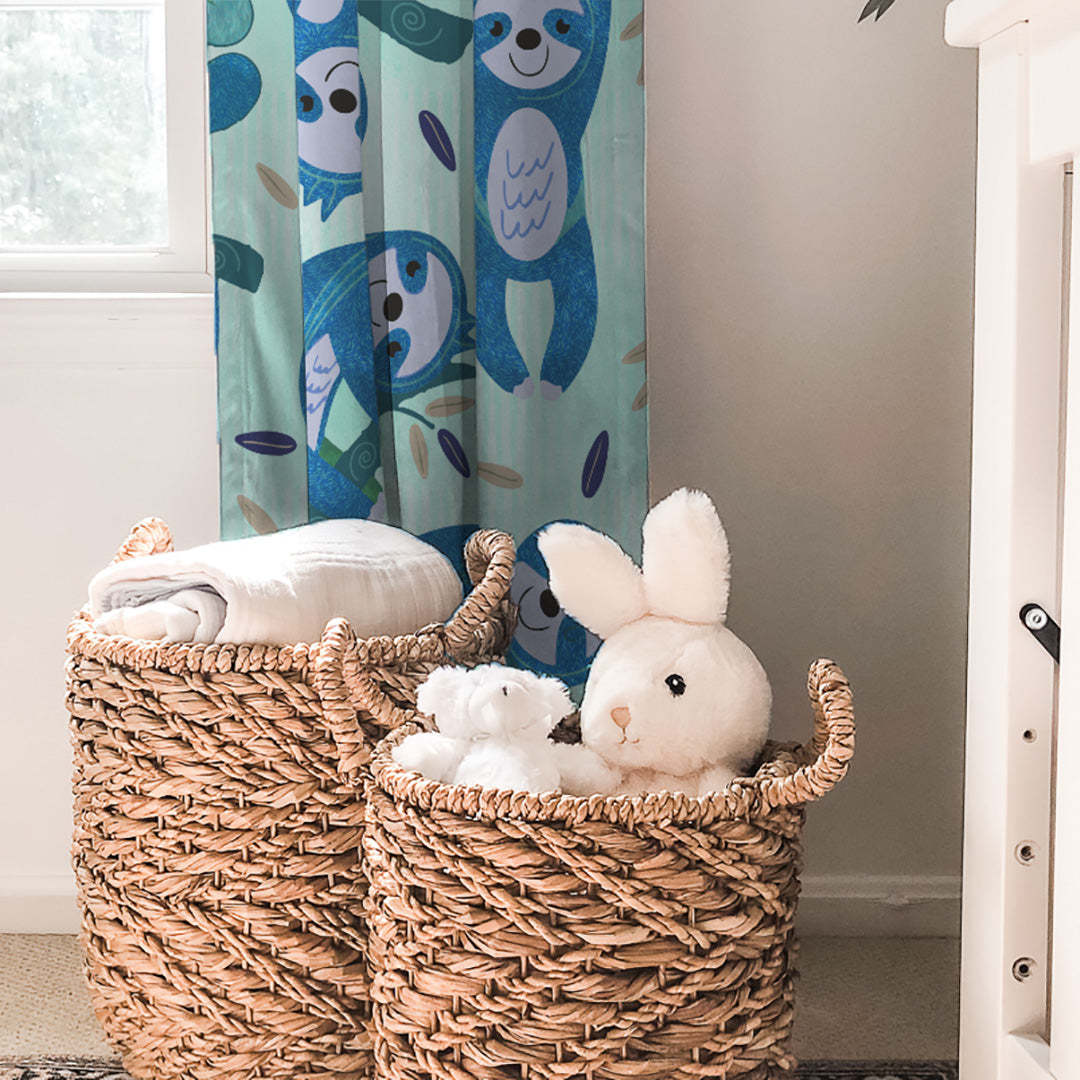 Sleepy Sloth Kids Mint Blue Heavy Satin Room Darkening Curtains Set Of 2 - (DS321C)
