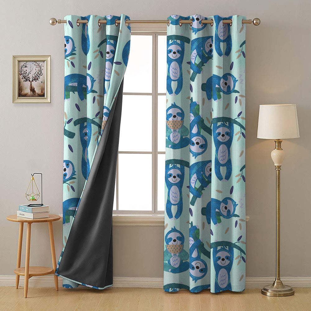 Sleepy Sloth Kids Mint Blue Heavy Satin Room Darkening Curtains Set Of 2 - (DS321C)