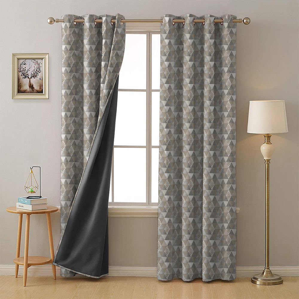 Petal Prism Geometric Cream Beige Heavy Satin Blackout curtains Set Of 2 - (DS339E)