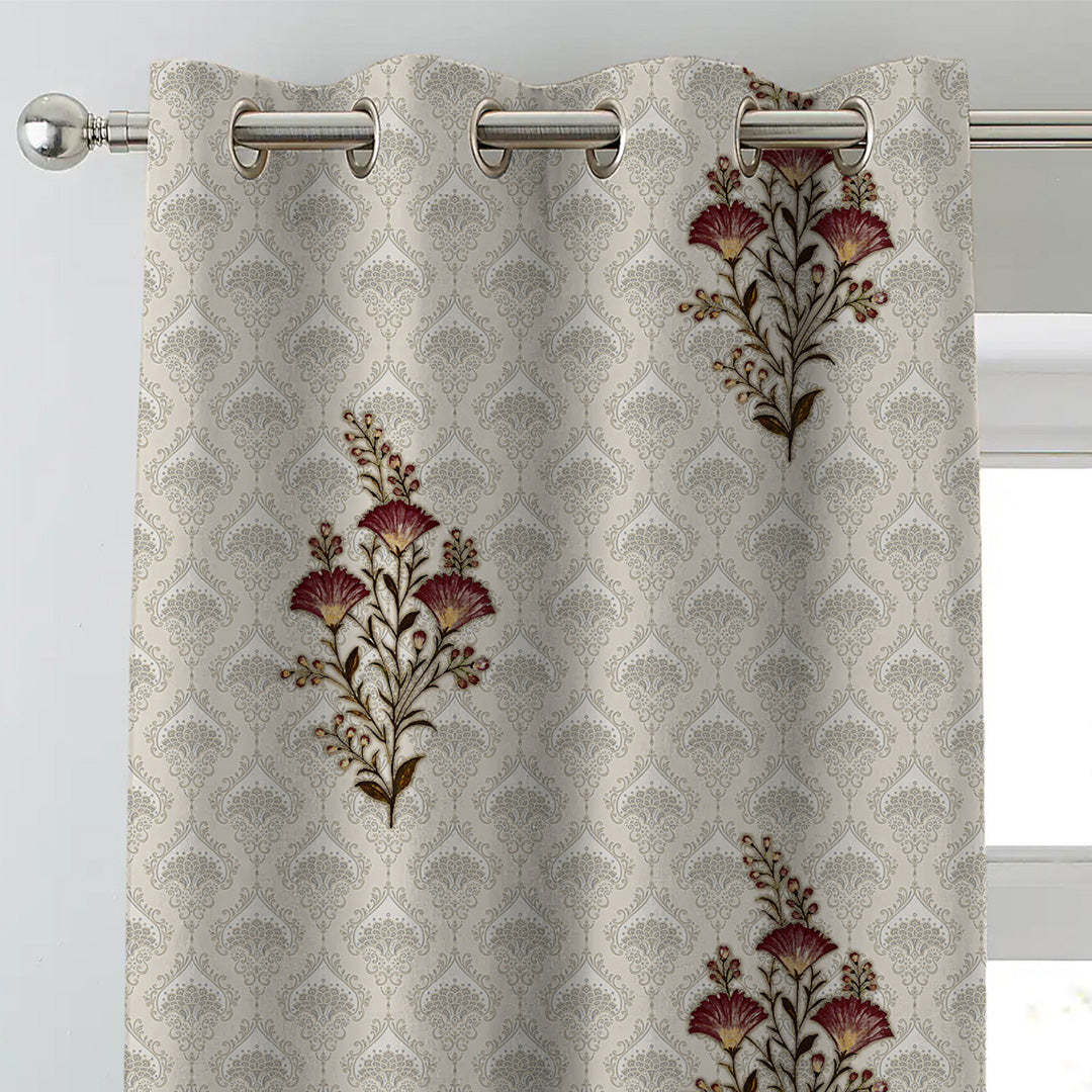 Mystical Meadows Floral Sand Beige Heavy Satin Blackout Curtains Set Of 2 - (DS343A)