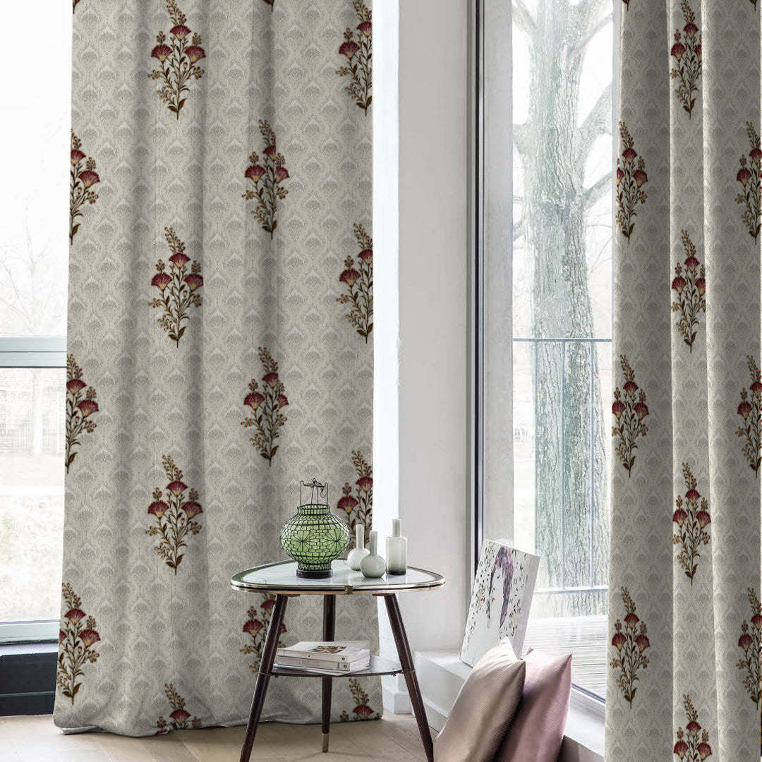 Mystical Meadows Floral Sand Beige Heavy Satin Blackout Curtains Set Of 2 - (DS343A)