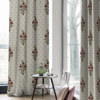 Mystical Meadows Floral Sand Beige Heavy Satin Blackout Curtains Set Of 2 - (DS343A)
