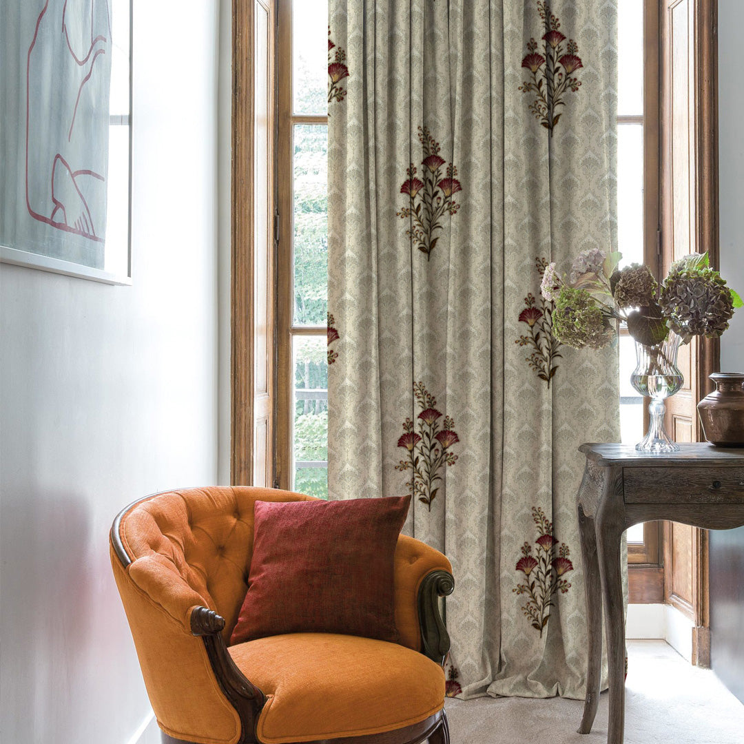 Mystical Meadows Floral Sand Beige Heavy Satin Blackout Curtains Set Of 2 - (DS343A)