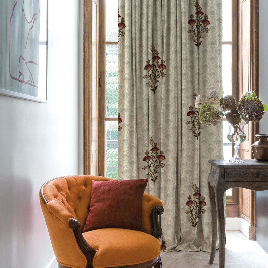 Mystical Meadows Floral Sand Beige Heavy Satin Blackout Curtains Set Of 2 - (DS343A)