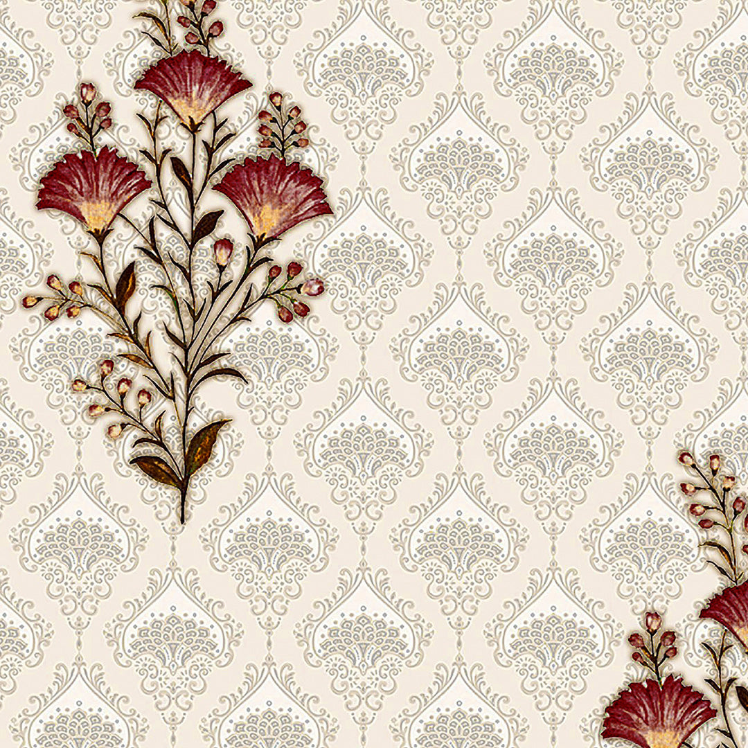 Mystical Meadows Floral Sand Beige Heavy Satin Blackout Curtains Set Of 2 - (DS343A)
