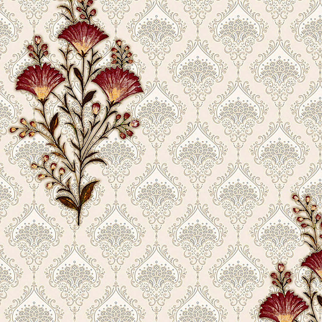 Mystical Meadows Floral Sand Beige Heavy Satin Blackout Curtains Set Of 2 - (DS343A)