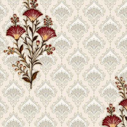 Mystical Meadows Floral Sand Beige Heavy Satin Blackout Curtains Set Of 2 - (DS343A)