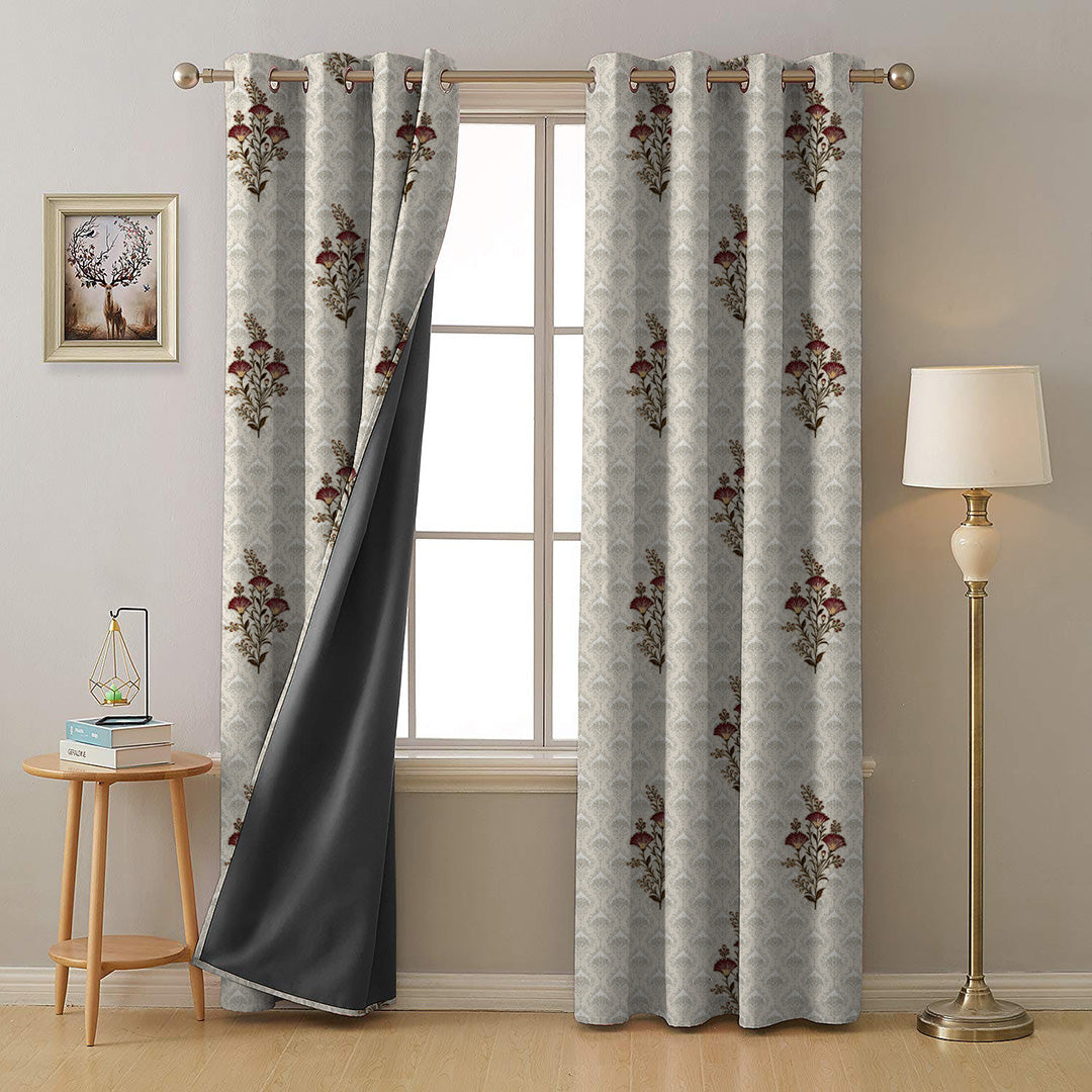 Mystical Meadows Floral Sand Beige Heavy Satin Blackout Curtains Set Of 2 - (DS343A)