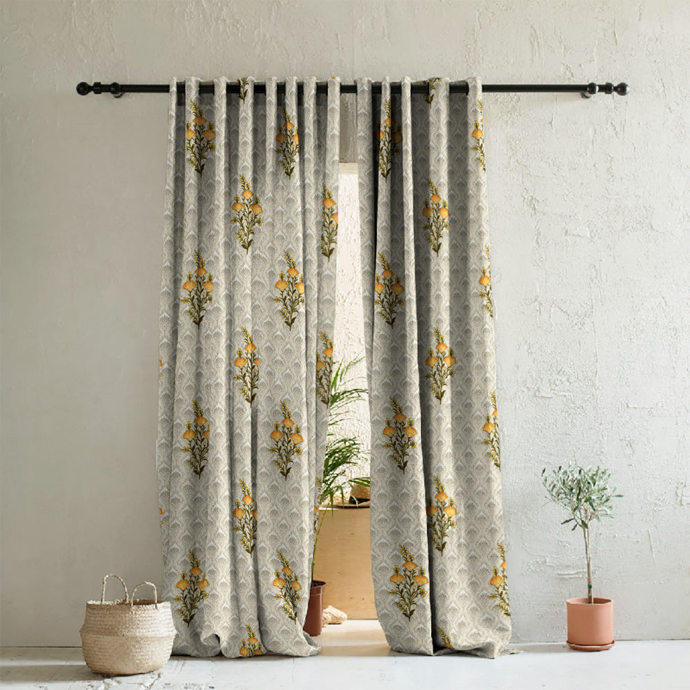 Mystical Meadows Floral Lemon Yellow Heavy Satin Room Darkening Curtains Set Of 2 - (DS343C)