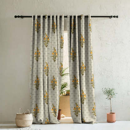 Mystical Meadows Floral Lemon Yellow Heavy Satin Room Darkening Curtains Set Of 2 - (DS343C)