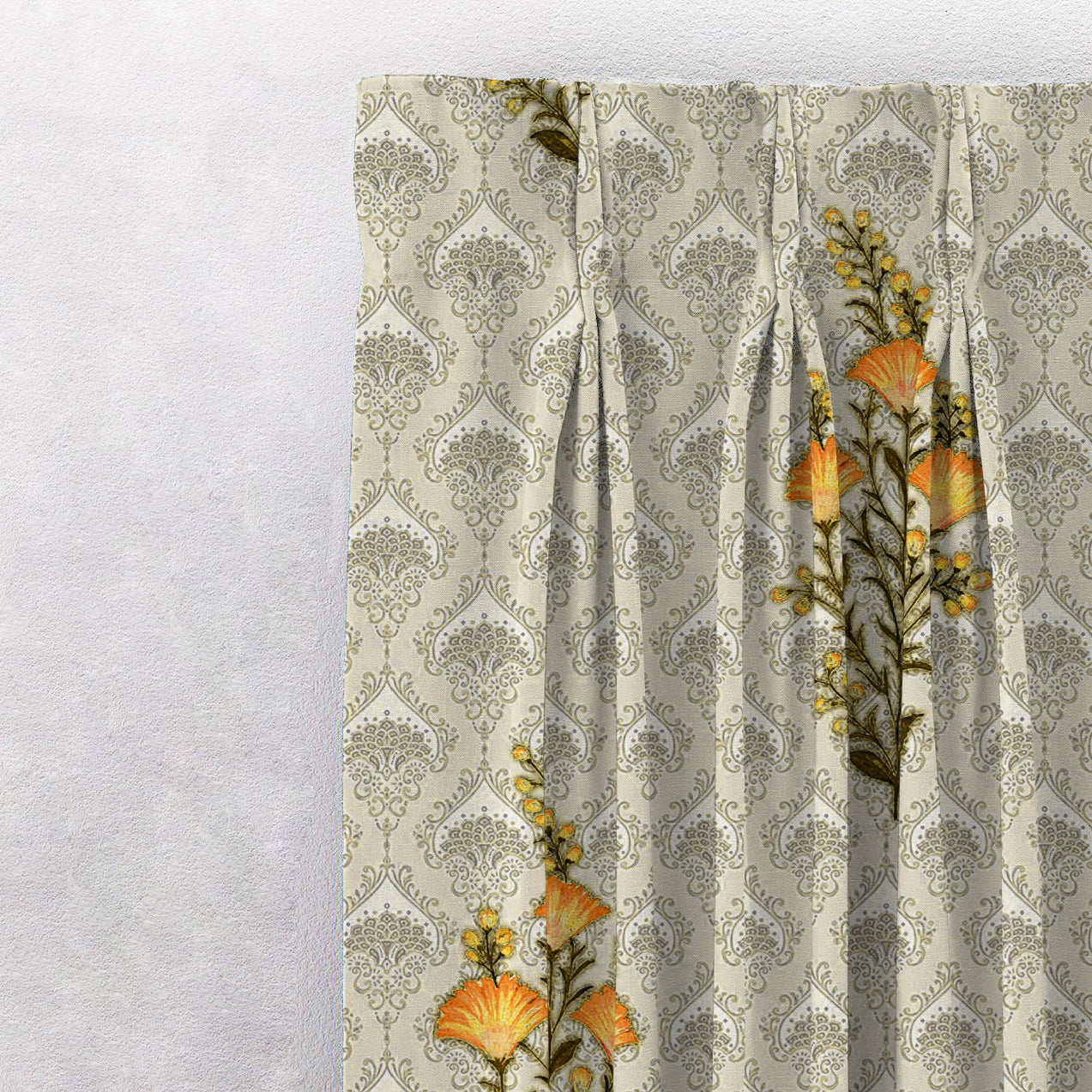 Mystical Meadows Floral Lemon Yellow Heavy Satin Room Darkening Curtains Set Of 2 - (DS343C)
