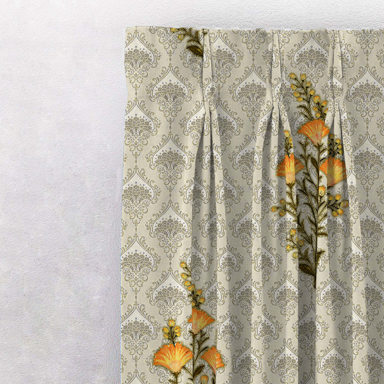 Mystical Meadows Floral Lemon Yellow Heavy Satin Room Darkening Curtains Set Of 2 - (DS343C)