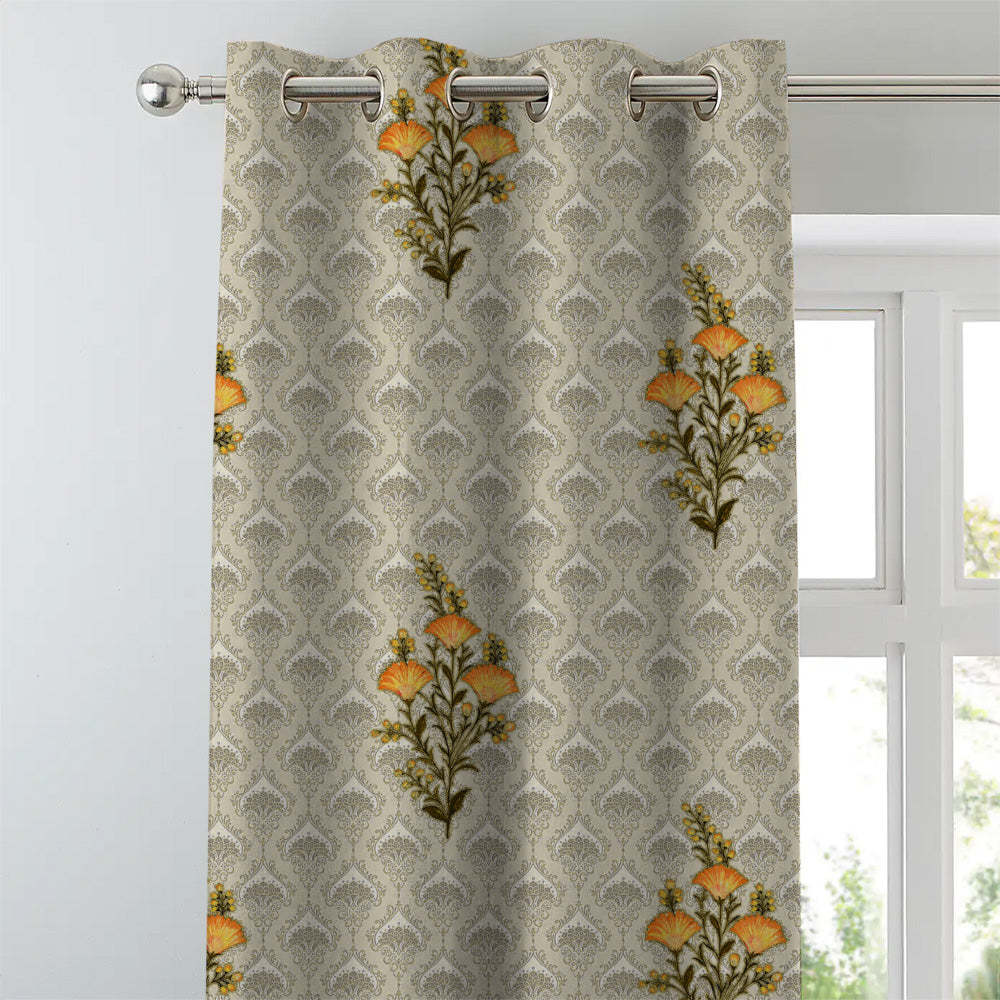 Mystical Meadows Floral Lemon Yellow Heavy Satin Room Darkening Curtains Set Of 2 - (DS343C)