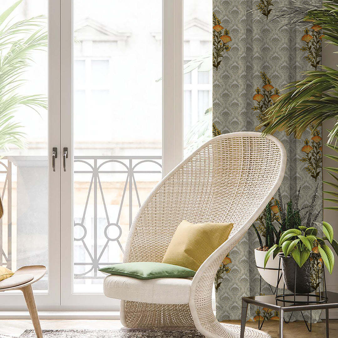 Mystical Meadows Floral Lemon Yellow Heavy Satin Room Darkening Curtains Set Of 2 - (DS343C)