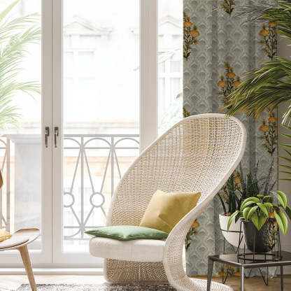Mystical Meadows Floral Lemon Yellow Heavy Satin Room Darkening Curtains Set Of 2 - (DS343C)