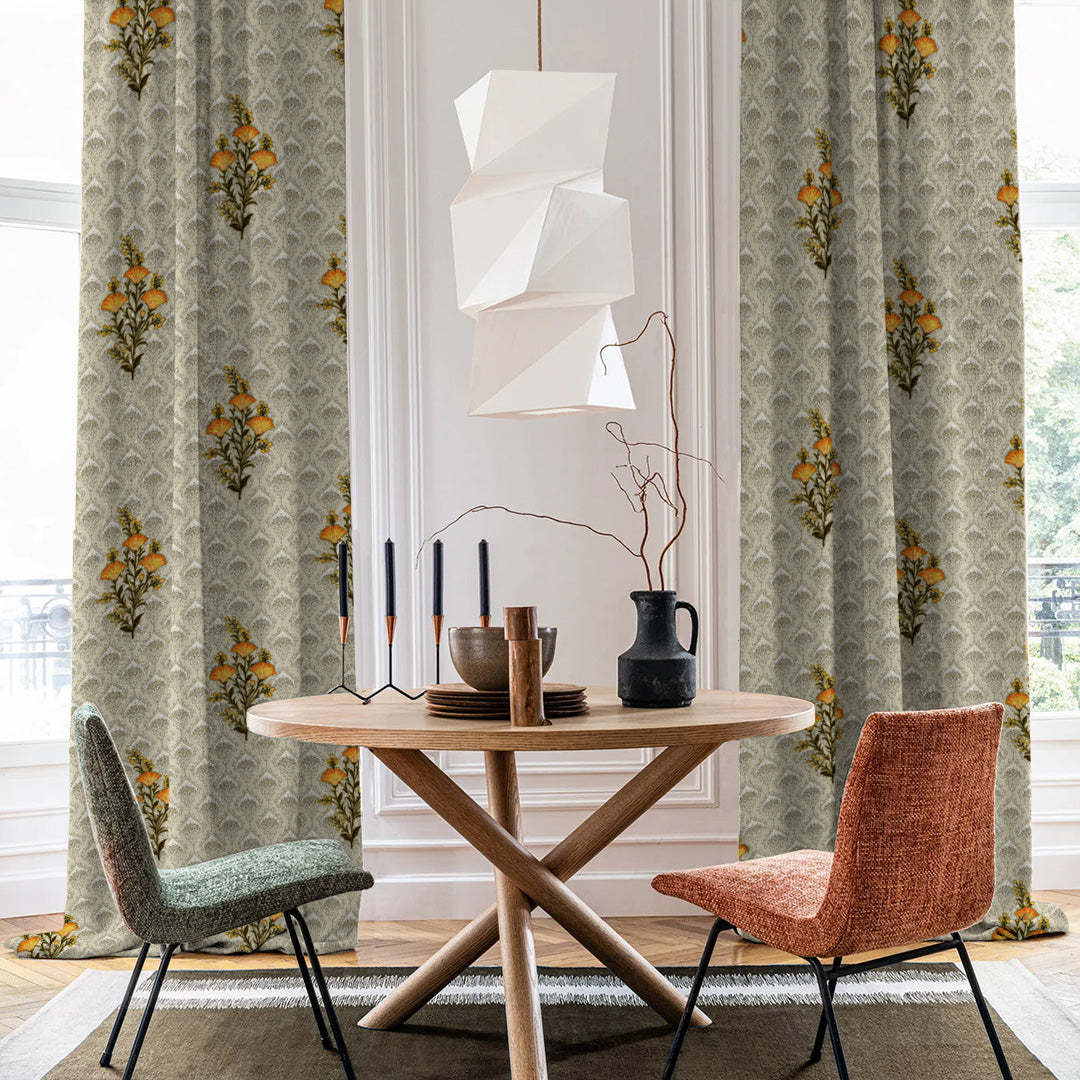 Mystical Meadows Floral Lemon Yellow Heavy Satin Room Darkening Curtains Set Of 2 - (DS343C)