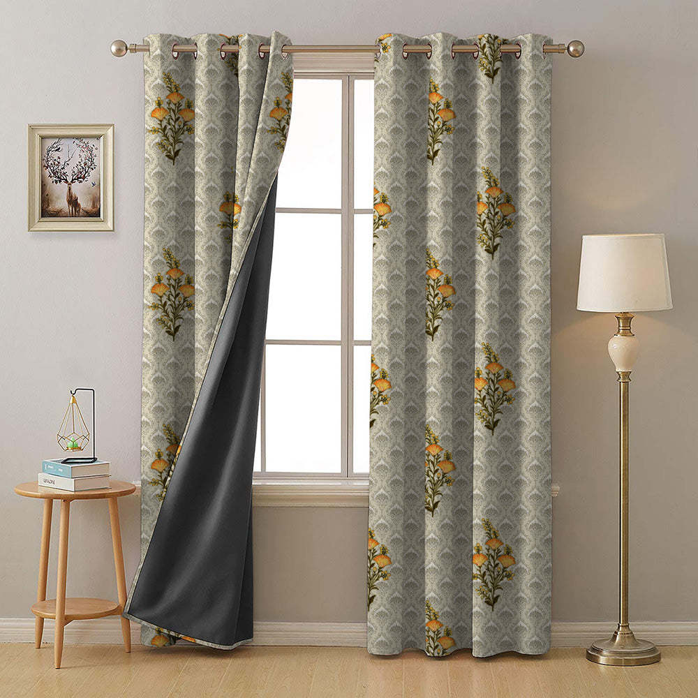 Mystical Meadows Floral Lemon Yellow Heavy Satin Room Darkening Curtains Set Of 2 - (DS343C)