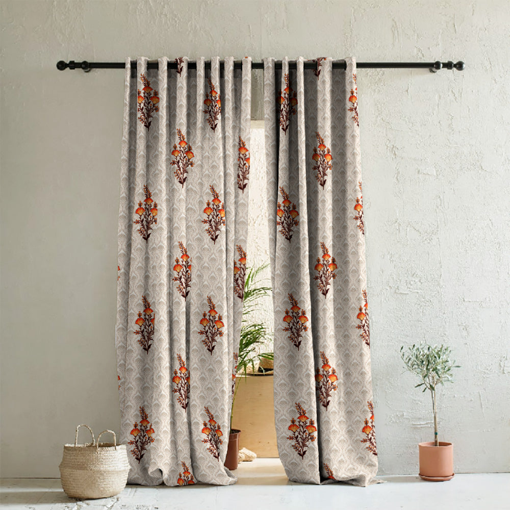 Mystical Meadows Floral Pastel Orange Heavy Satin Room Darkening Curtains Set Of 2 - (DS343D)