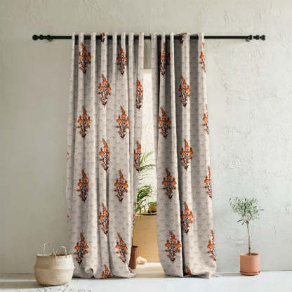 Mystical Meadows Floral Pastel Orange Heavy Satin Room Darkening Curtains Set Of 2 - (DS343D)