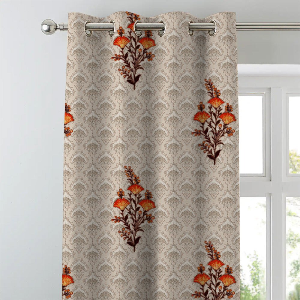 Mystical Meadows Floral Pastel Orange Heavy Satin Room Darkening Curtains Set Of 2 - (DS343D)