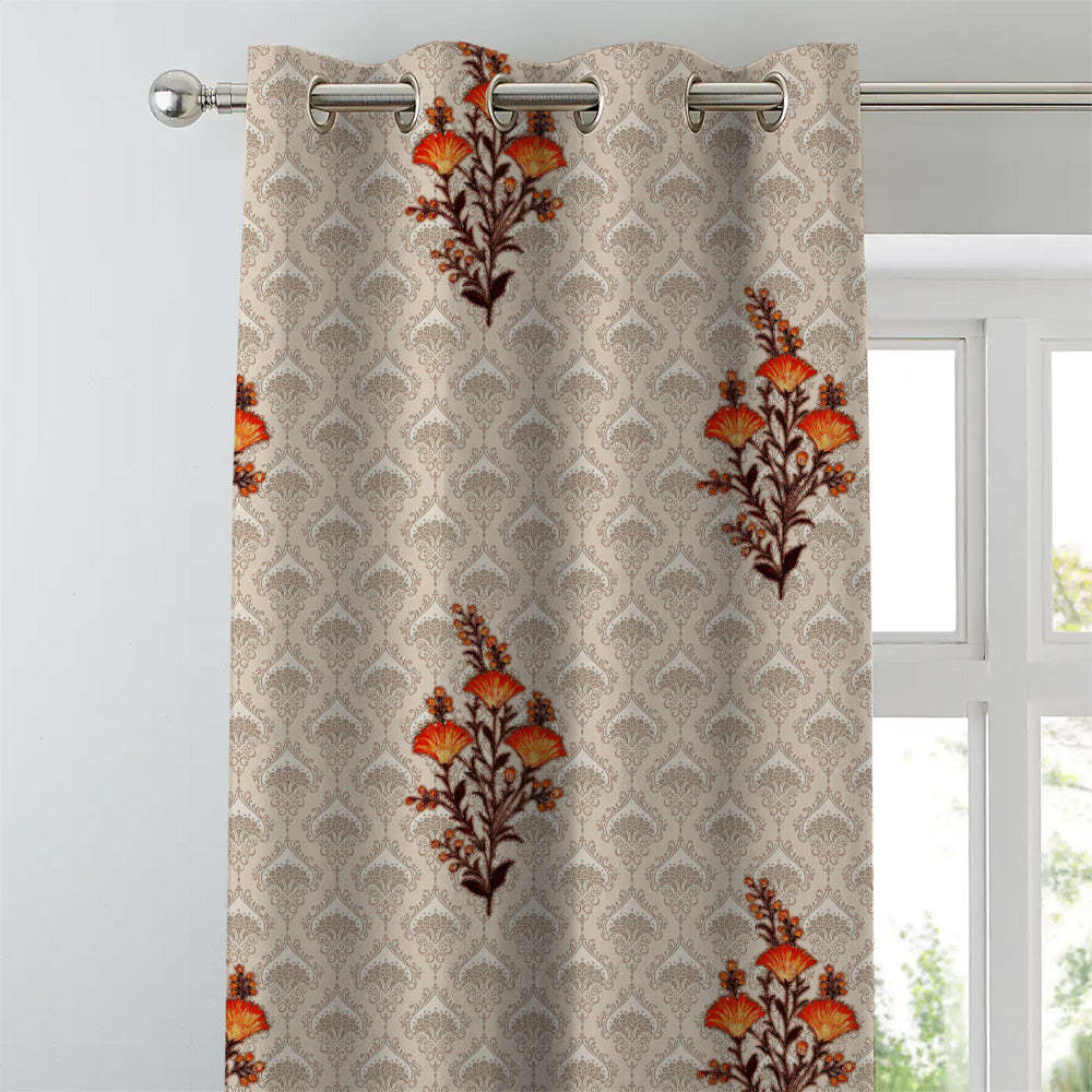 Mystical Meadows Floral Pastel Orange Heavy Satin Room Darkening Curtains Set Of 2 - (DS343D)