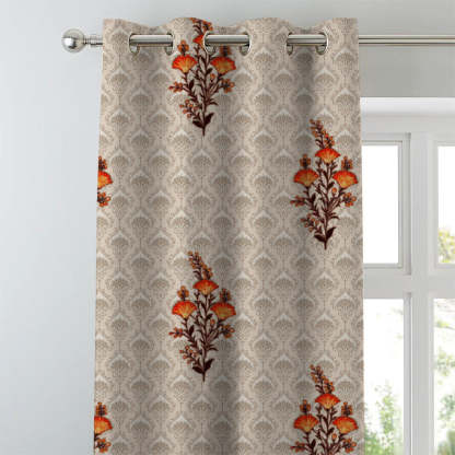Mystical Meadows Floral Pastel Orange Heavy Satin Room Darkening Curtains Set Of 2 - (DS343D)