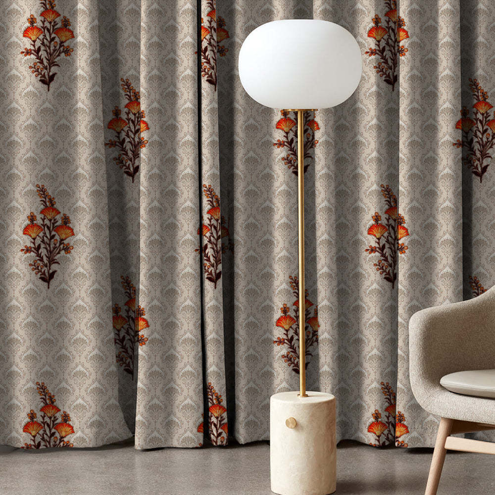 Mystical Meadows Floral Pastel Orange Heavy Satin Room Darkening Curtains Set Of 2 - (DS343D)
