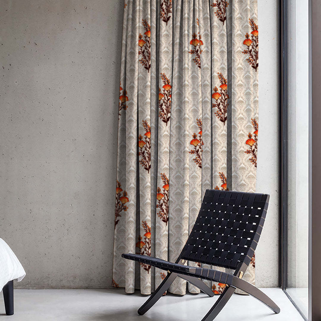 Mystical Meadows Floral Pastel Orange Heavy Satin Room Darkening Curtains Set Of 2 - (DS343D)
