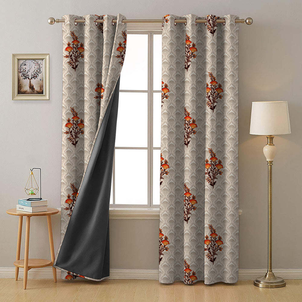 Mystical Meadows Floral Pastel Orange Heavy Satin Room Darkening Curtains Set Of 2 - (DS343D)