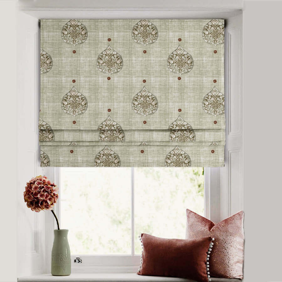 Leafy Charms Indie Sage Green Satin Roman Blind (DS347D)