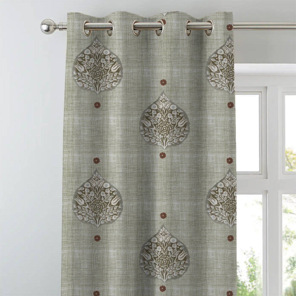 Leafy Charms Indie Sage Green Heavy Satin Blackout curtains Set Of 2 - (DS347D)