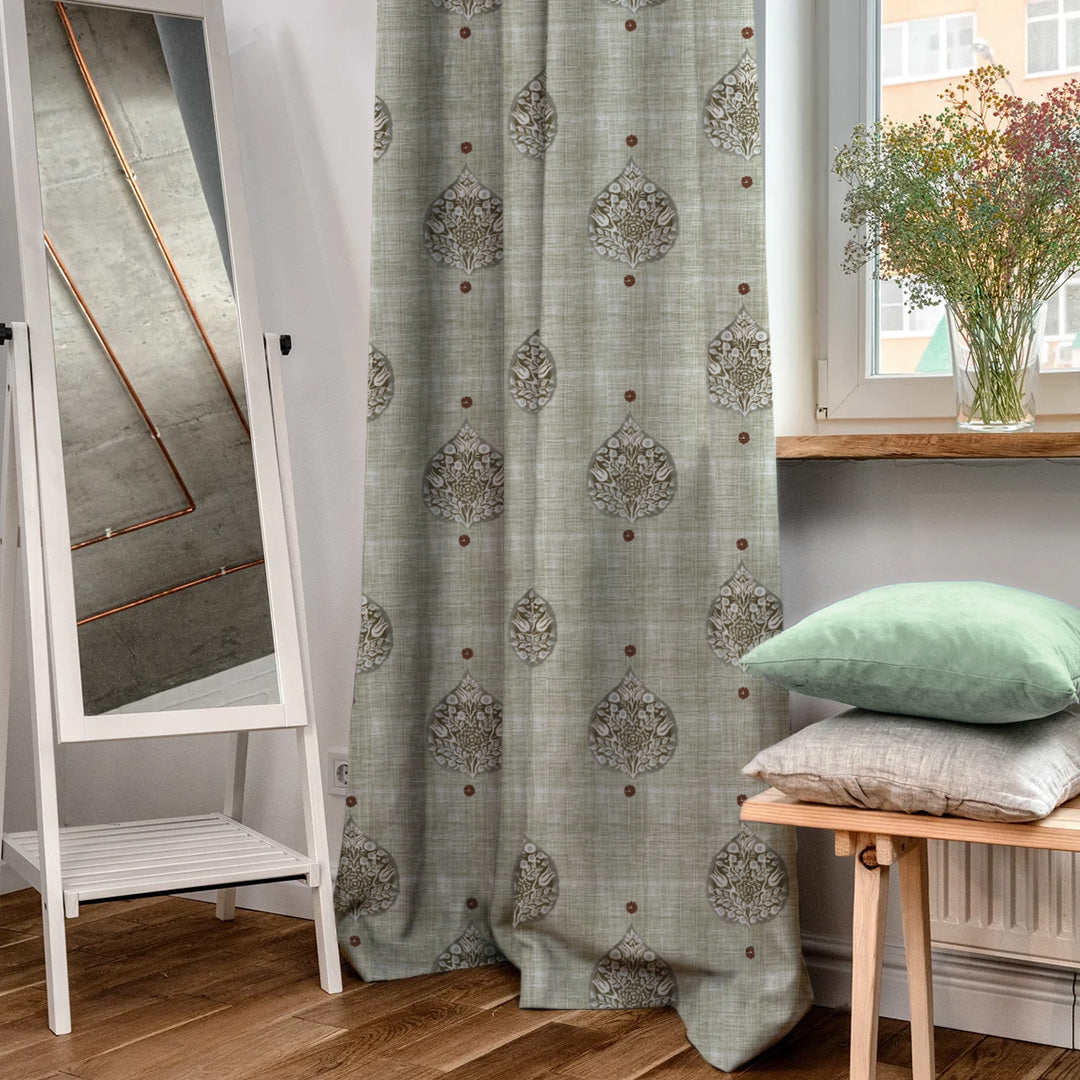 Leafy Charms Indie Sage Green Heavy Satin Blackout curtains Set Of 2 - (DS347D)